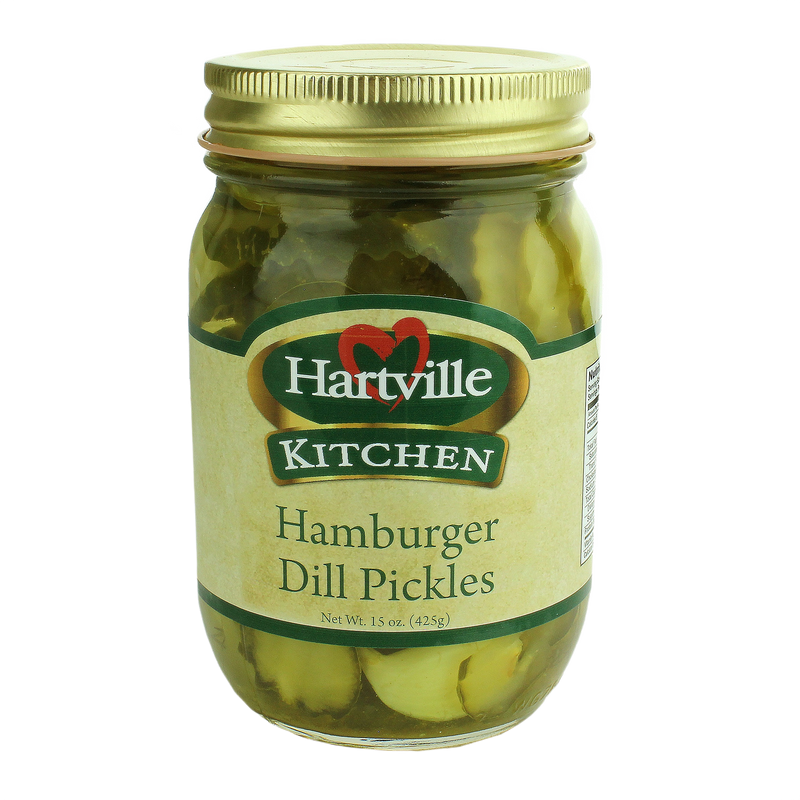Glass jar of Hartville Kitchen brand hamburger dill pickles with gold metal lid, featured in Kitchen & Food and Best Sellers collections.