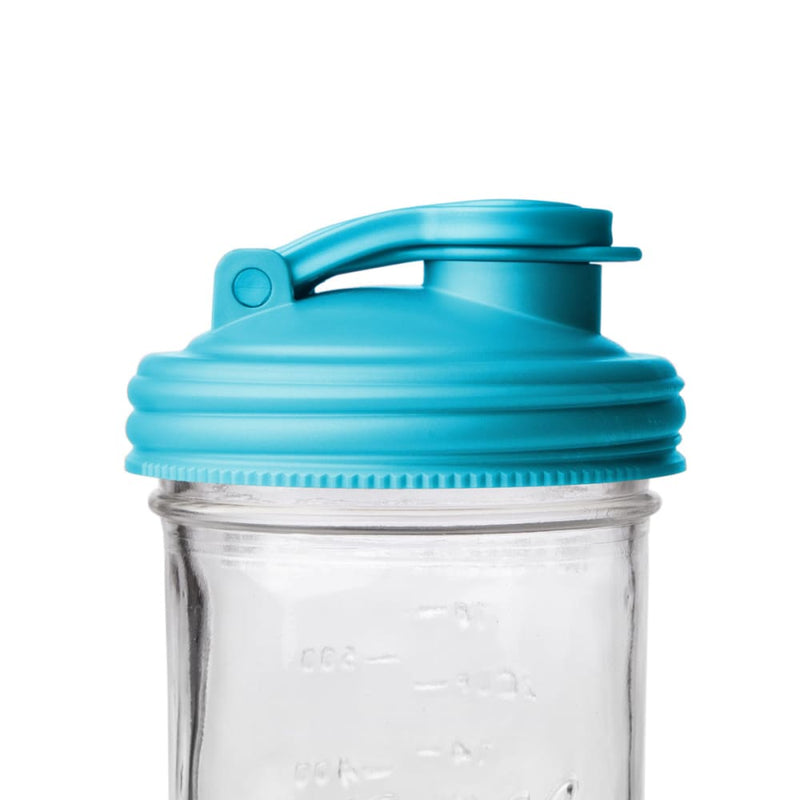 Bright blue wide-mouth pour lid with flip-top spout and carry loop made of durable no-break plastic, designed for mason jars, featured in Kitchen & Food, Kitchen Gadgets, USA Made, and Best Sellers collections.