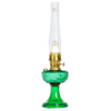 Handcrafted oil lamp featuring a striking emerald glass font with brass trim and a tall glass chimney, perfect for Lamps & Lighting, Oil Lamps, Table Lamps, and Best Sellers collections.