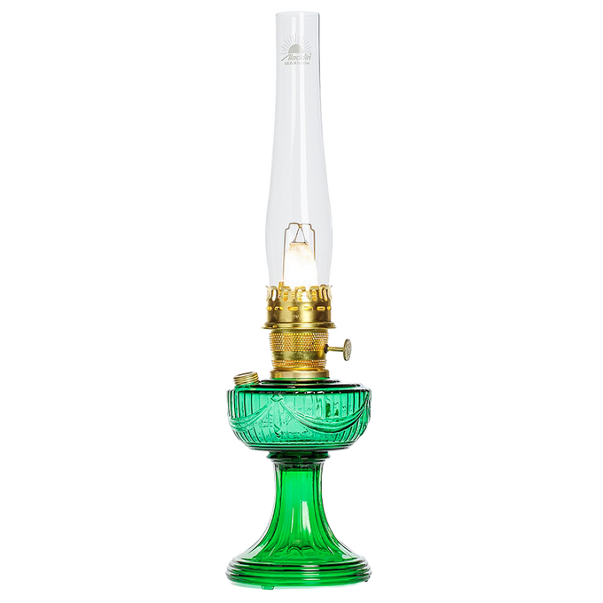 Handcrafted oil lamp featuring a striking emerald glass font with brass trim and a tall glass chimney, perfect for Lamps & Lighting, Oil Lamps, Table Lamps, and Best Sellers collections.