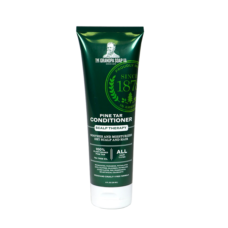 Dark green tube of handcrafted pine tar conditioner with scalp therapy formula, made in USA, designed to soothe dry scalp and moisturize hair, featured in Health & Wellness and Shampoo and Conditioner collections.