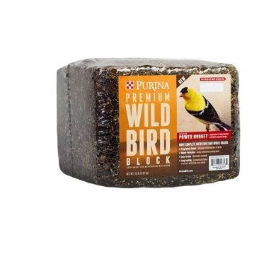 Block of high-energy wild bird seed mix compressed into a rectangular shape with clear packaging and labeled for attracting wild birds, suitable for outdoor feeding and garden use.