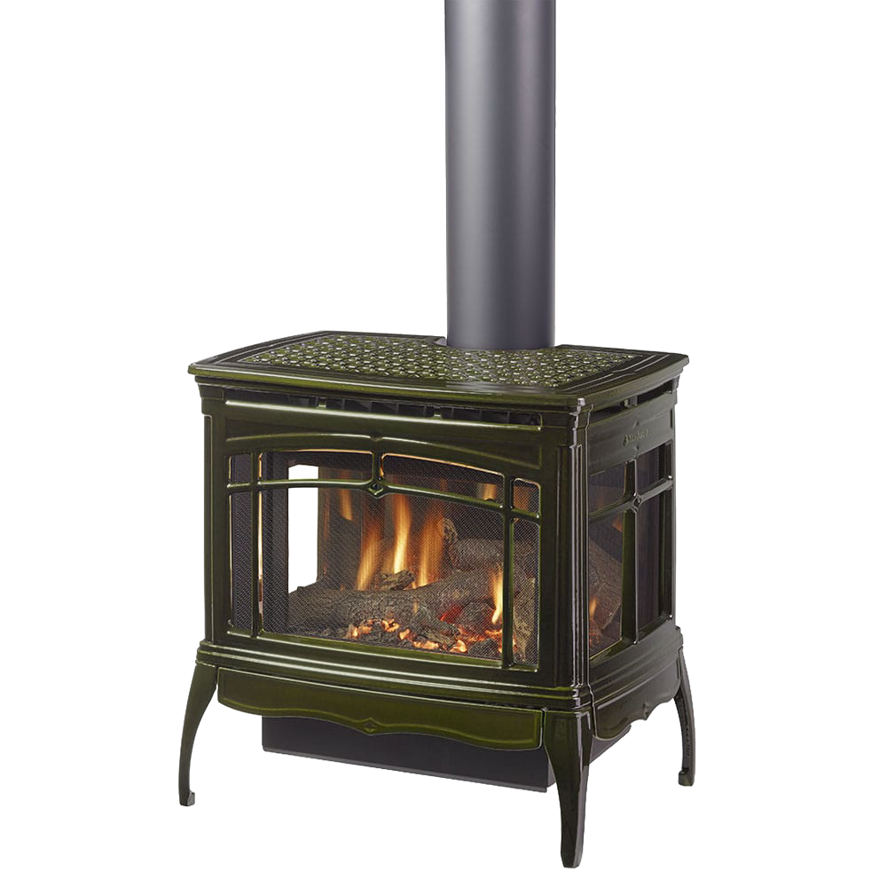 Freestanding gas stove with three-sided glass viewing panels, featuring reflective interior glass and a dark enamel finish, from popular stove and heatstove collections.