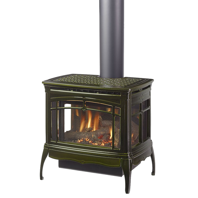 Freestanding gas stove with three-sided glass viewing panels, featuring reflective interior glass and a dark enamel finish, from popular stove and heatstove collections.