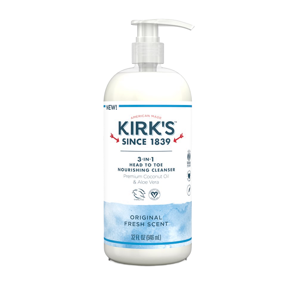 Bottle of Kirk's 3-in-1 nourishing cleanser with pump dispenser, featuring a fresh original scent, biodegradable formula, and USA made, ideal for health, wellness, and grooming collections.
