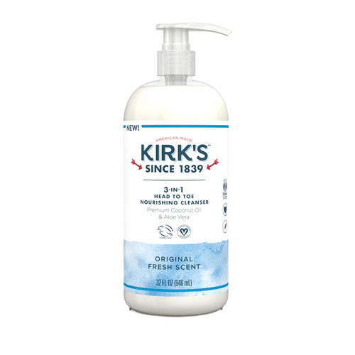Bottle of Kirk's 3-in-1 nourishing cleanser with pump dispenser, featuring a fresh original scent, biodegradable formula, and USA made, ideal for health, wellness, and grooming collections.