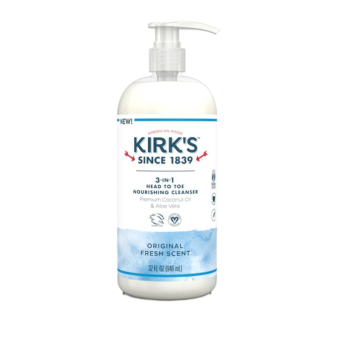Bottle of Kirk's 3-in-1 nourishing cleanser with pump dispenser, featuring a fresh original scent, biodegradable formula, and USA made, ideal for health, wellness, and grooming collections.