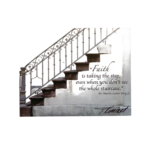 Wall art plaque featuring a rustic staircase image with an inspirational Bible verse by Dr. Martin Luther King Jr., handcrafted and made in the USA, perfect for Home & Decor collections.
