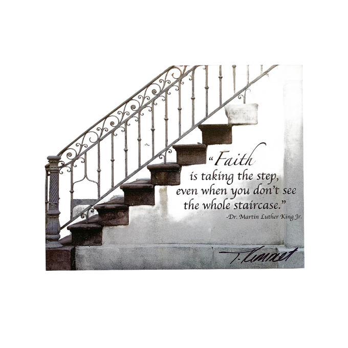 Wall art plaque featuring a rustic staircase image with an inspirational Bible verse by Dr. Martin Luther King Jr., handcrafted and made in the USA, perfect for Home & Decor collections.