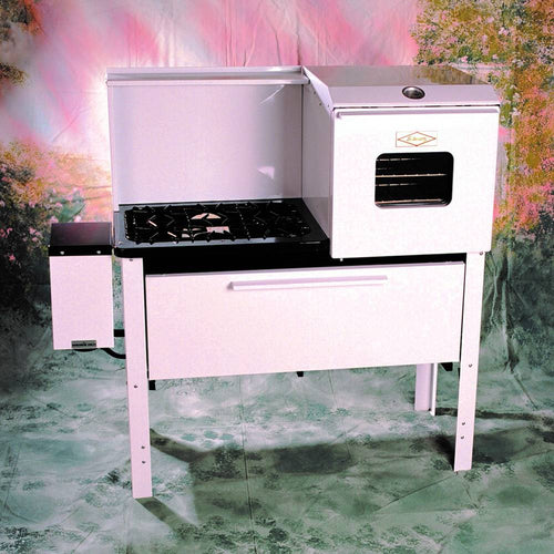 Handcrafted Amish kerosene cookstove with oven in white, featuring solid brass burners and ceramic chimneys, part of USA Made, Stoves, and Best Sellers collections.