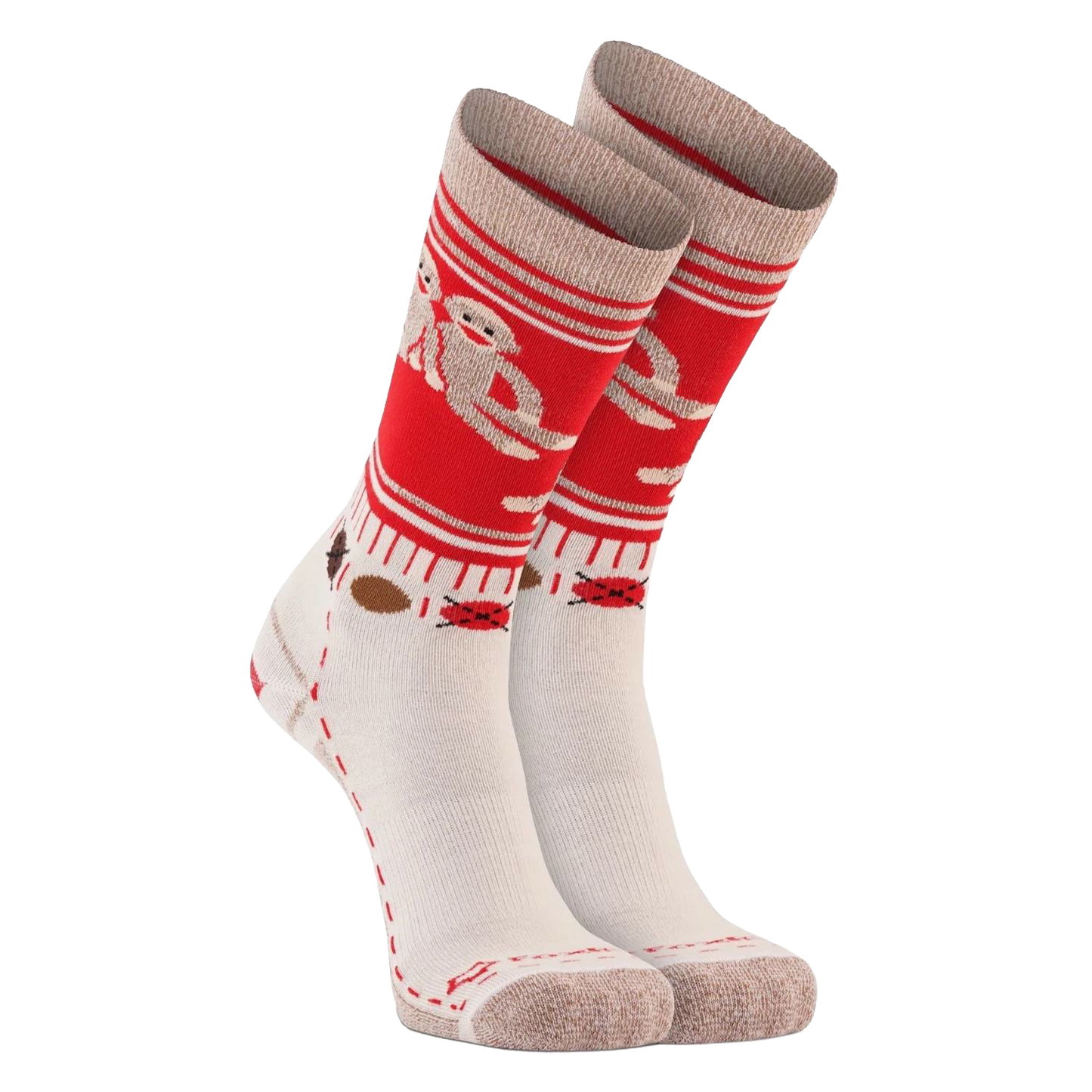 Pair of women's crew-length socks featuring playful sock monkey patterns in red and cream, crafted from soft sustainable Merion wool with arch support and memory knit, part of Health & Wellness, Clothing and Accessories, Best Sellers, and Promo Eligible collections.