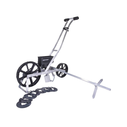 Handcrafted versatile garden seeder with sturdy metal frame and large black wheels, designed for neat seed planting in Farm, Garden & Tool, Seeds and Planting, USA Made, Best Sellers, and Promo Eligible collections.