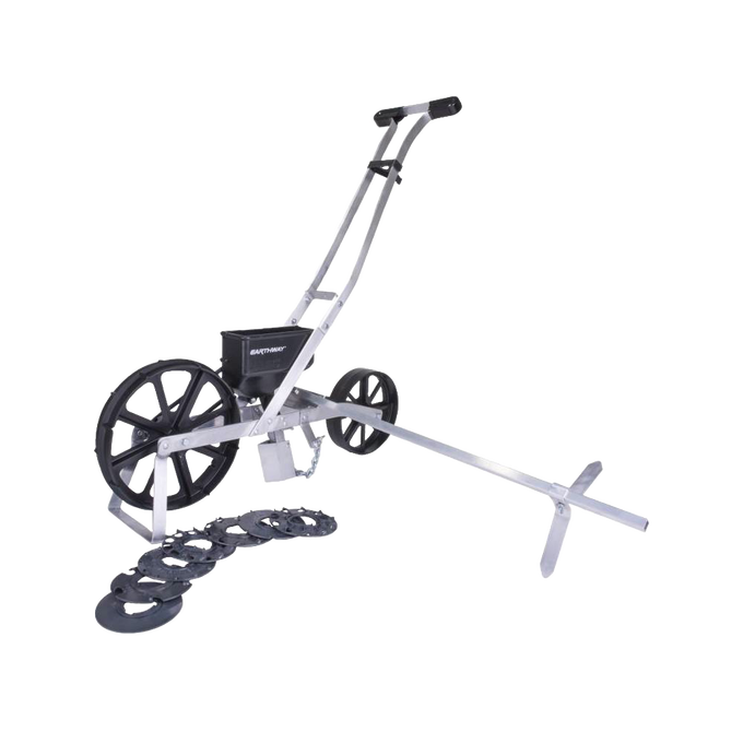 Handcrafted versatile garden seeder with sturdy metal frame and large black wheels, designed for neat seed planting in Farm, Garden & Tool, Seeds and Planting, USA Made, Best Sellers, and Promo Eligible collections.