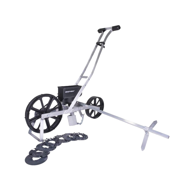 Handcrafted versatile garden seeder with sturdy metal frame and large black wheels, designed for neat seed planting in Farm, Garden & Tool, Seeds and Planting, USA Made, Best Sellers, and Promo Eligible collections.
