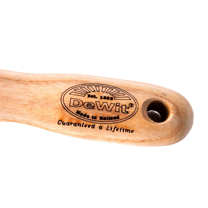 Close-up of a natural wood handle with engraved DeWit logo and lifetime guarantee, showcasing handcrafted quality for Farm, Garden & Tool, Garden Accessories, Best Sellers, and Promo Eligible collections.