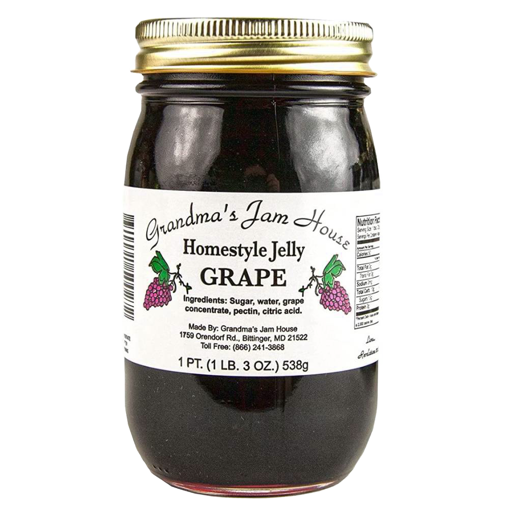 Jar of handcrafted grape jelly with gold lid and simple white label featuring grape illustrations, made in USA, ideal for Kitchen & Food, Pantry, Peanut Butter & Jellies, USA Made, Best Sellers, and Promo Eligible collections.