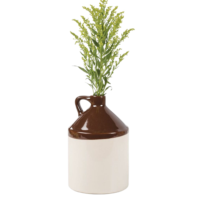 Handcrafted two-tone stoneware jug with handle in rich brown and creamy white glaze, featuring greenery, made in USA, perfect for Kitchen & Food, Storage and Serving, Best Sellers, and Promo Eligible collections.