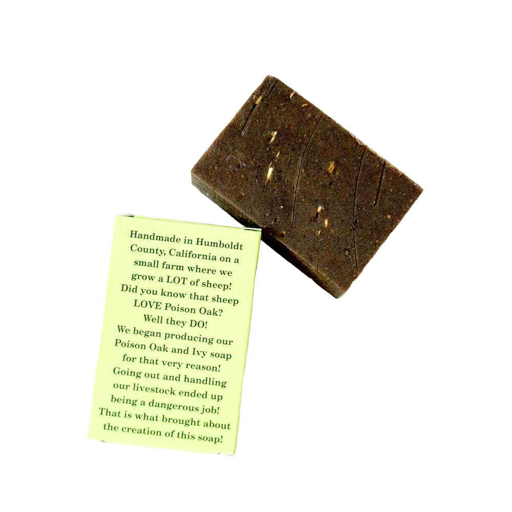 Handcrafted dark brown soap bar made with essential oils, herbal extracts, and organic oat bran in a glycerin base, offering natural relief for skin irritations, featured in Health & Wellness, Soaps and Soapmaking, USA Made, Best Sellers, and Promo Eligible collections.