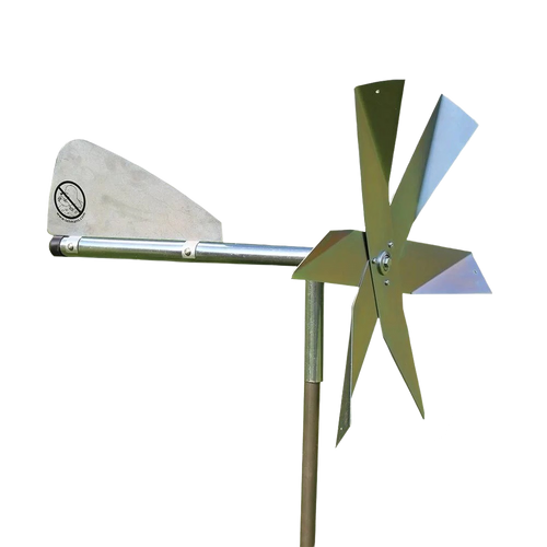 Handcrafted Amish-made mole chaser with polished metal blades and large tail vane on a galvanized steel post, designed for effective, humane pest control in Farm, Garden & Tool, Lawncare, Pest Control, Best Sellers, and Promo Eligible collections.
