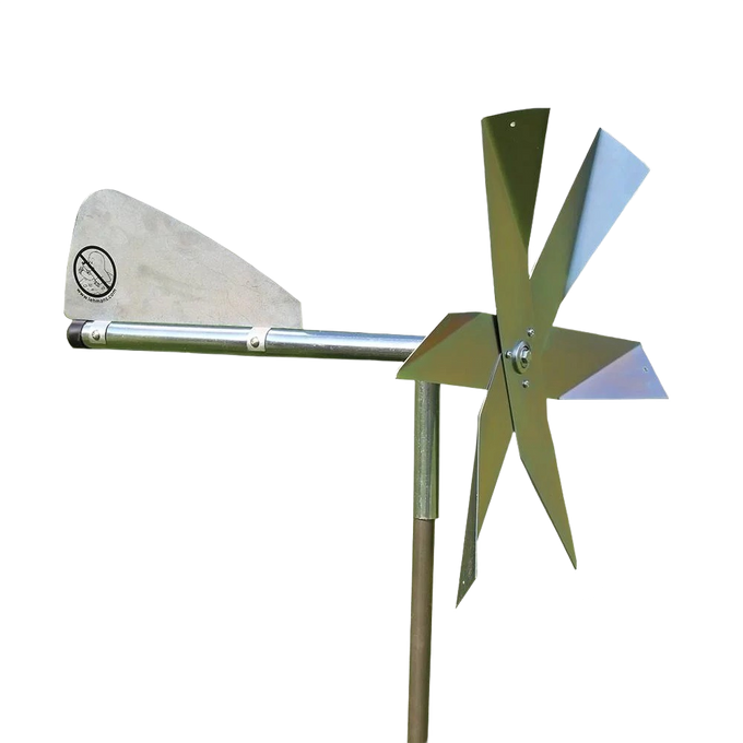 Handcrafted Amish-made mole chaser with polished metal blades and large tail vane on a galvanized steel post, designed for effective, humane pest control in Farm, Garden & Tool, Lawncare, Pest Control, Best Sellers, and Promo Eligible collections.