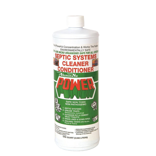 White plastic quart bottle of septic system cleaner and conditioner with environmentally safe, non-toxic, non-pathogenic formula, featured in Home & Decor, Household Cleaning, Cleaners and Polishes, Best Sellers, and Promo Eligible collections.