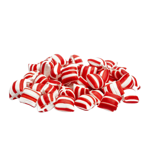 Pile of handmade red-and-white striped sugar puffs candy, showcasing a light, airy texture, perfect for Snacks and Sweets, Kitchen & Food, USA Made, and Best Sellers collections.