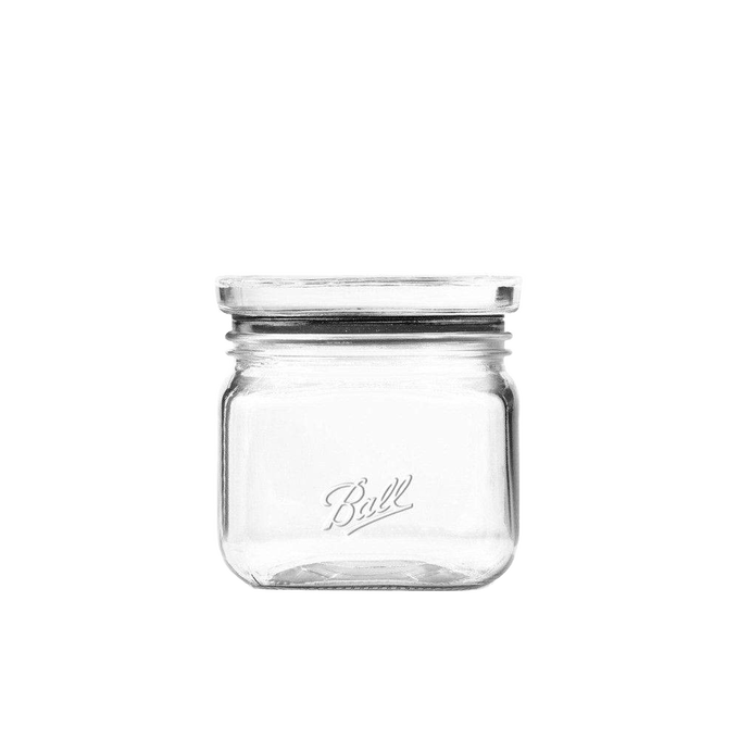 Small clear glass storage jar with wide mouth and airtight lid, featuring embossed logo, ideal for organizing kitchens and pantries in Home & Decor, Kitchen & Food, and Storage collections.