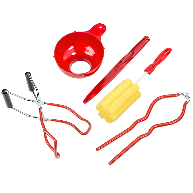Set of five handcrafted durable plastic canning tools in red and yellow, including funnel, jar lifter, wrench, and sponge brush, designed for food preservation and kitchen use.
