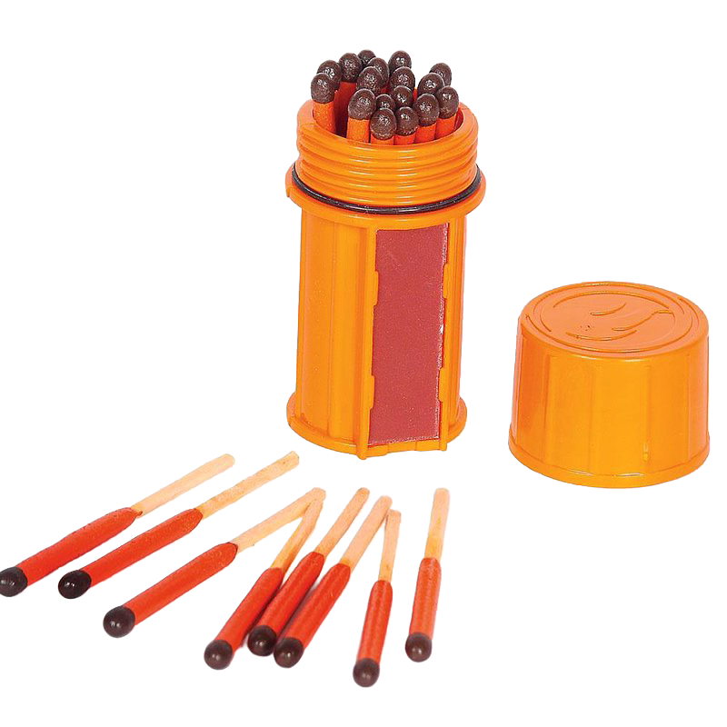 Compact waterproof orange container filled with stormproof matches featuring long burn time and multiple strikers, ideal for camping, emergency supplies, and farm tool kits.