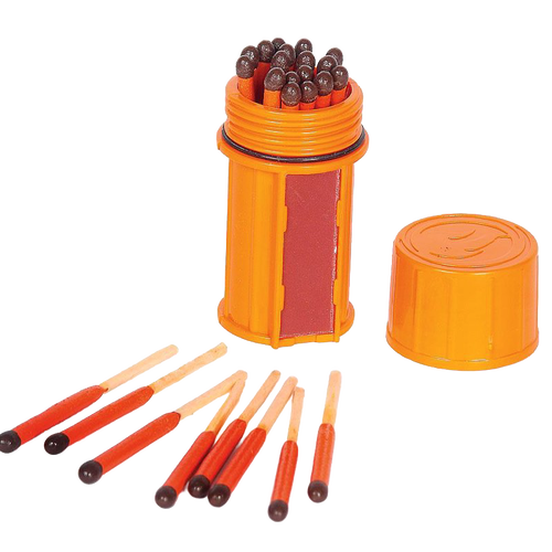 Compact waterproof orange container filled with stormproof matches featuring long burn time and multiple strikers, ideal for camping, emergency supplies, and farm tool kits.