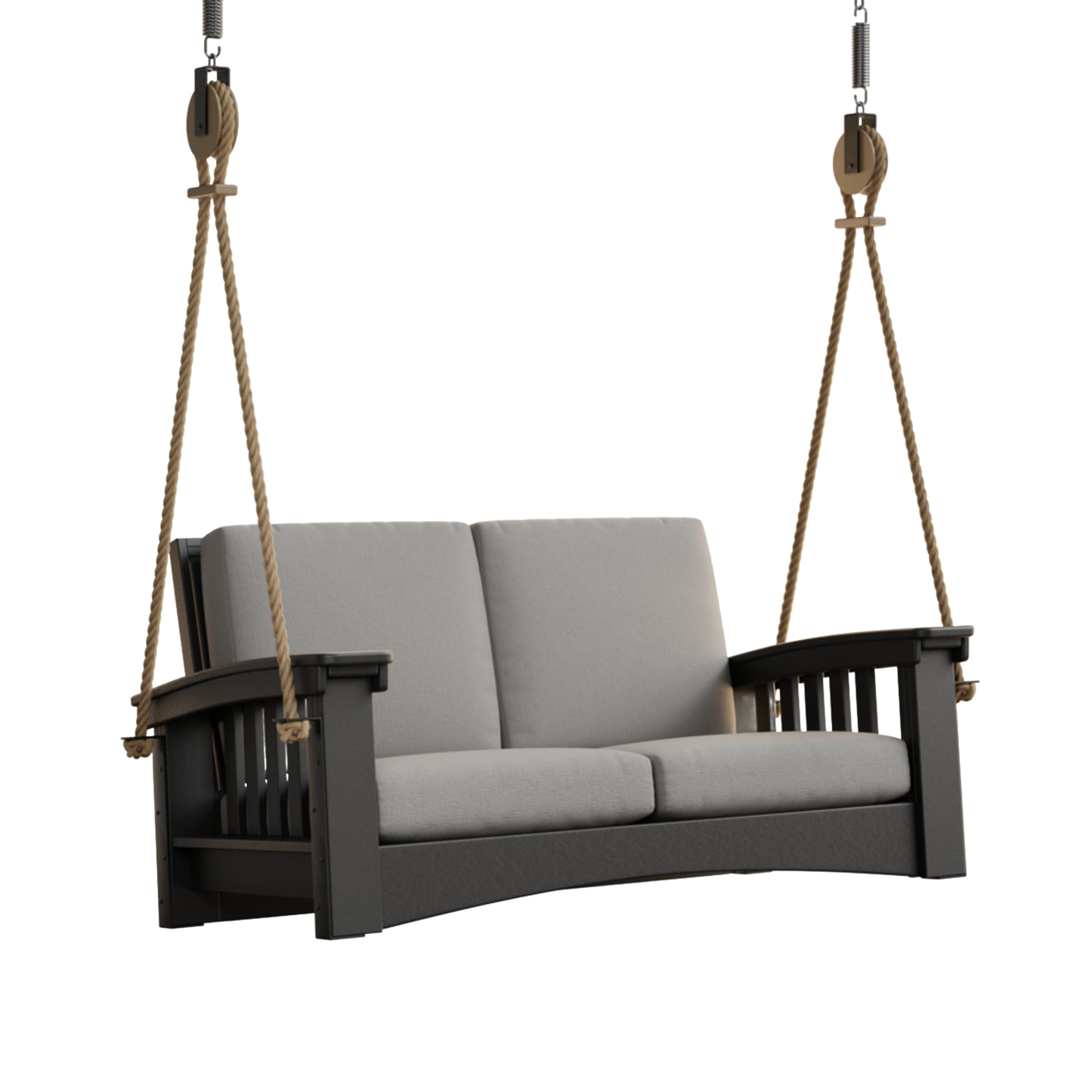 Handcrafted Amish made 6 ft porch swing in durable black painted cypress with light gray cushions and sturdy rope suspension, part of Home & Decor, Outdoor Furniture, USA Made, Amish Made, and Best Sellers collections.