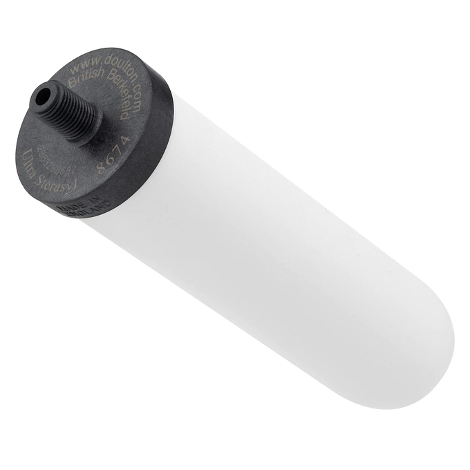 White ceramic water filter element with black threaded end, crafted for gravity water filter systems, featured in Farm, Garden & Tool, Emergency Supplies, and Best Sellers collections.