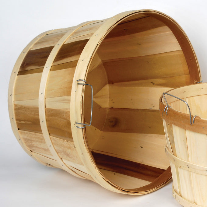 Two handcrafted Old-Time bushel baskets made from untreated poplar wood with metal wire handles, ideal for Farm, Garden & Tool, Garden Accessories, USA Made, Best Sellers, and Promo Eligible collections.