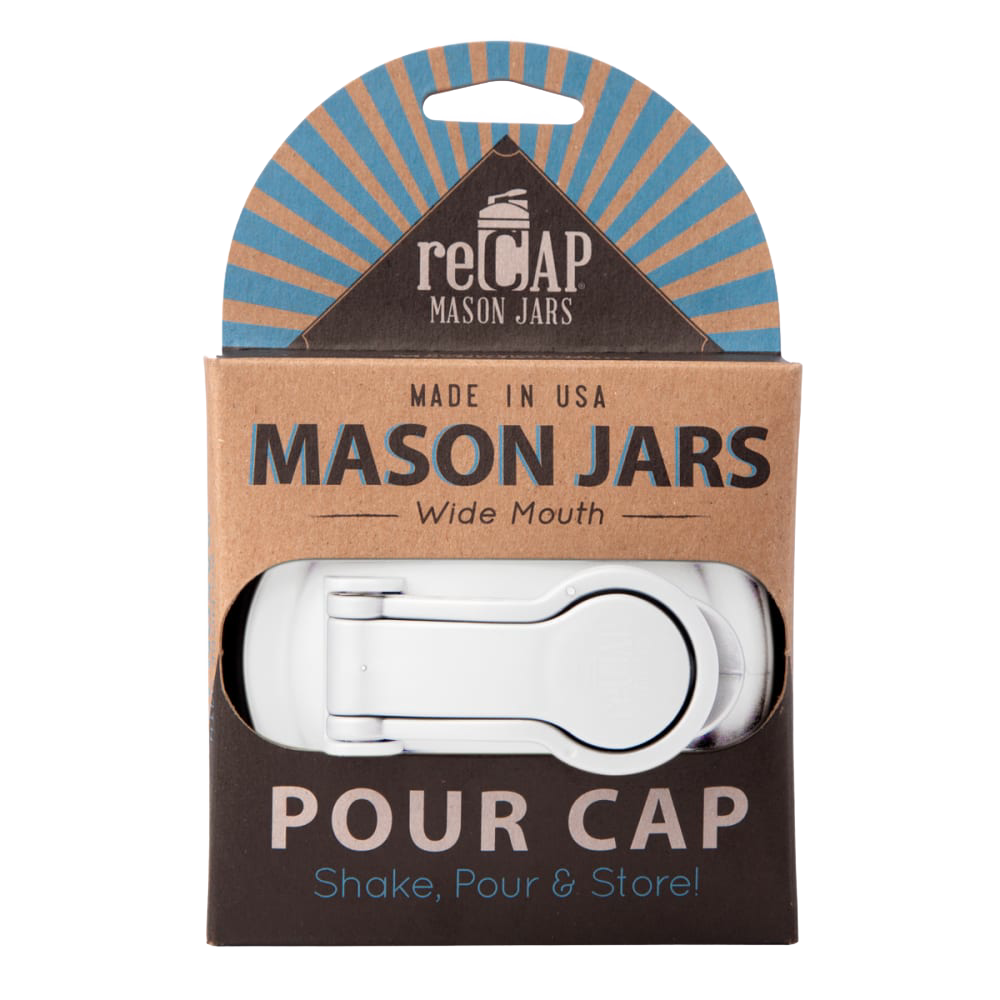 White wide-mouth mason jar pour lid with carry loop in eco-friendly cardboard packaging, made in USA, ideal for Kitchen & Food, Dinnerware, Kitchen Gadgets, and Best Sellers collections.
