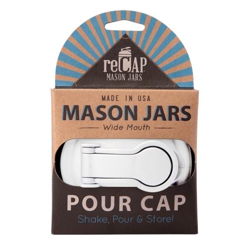 White wide-mouth mason jar pour lid with carry loop in eco-friendly cardboard packaging, made in USA, ideal for Kitchen & Food, Dinnerware, Kitchen Gadgets, and Best Sellers collections.