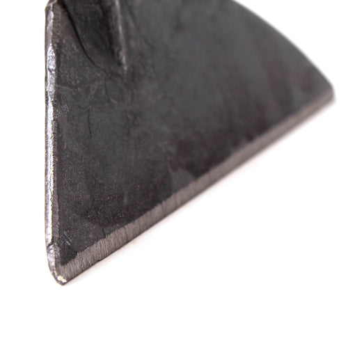 Close-up of a hand-forged steel blade edge with a sharpened surface designed for effective weed removal below soil, handcrafted for strength in Farm, Garden & Tool collections.