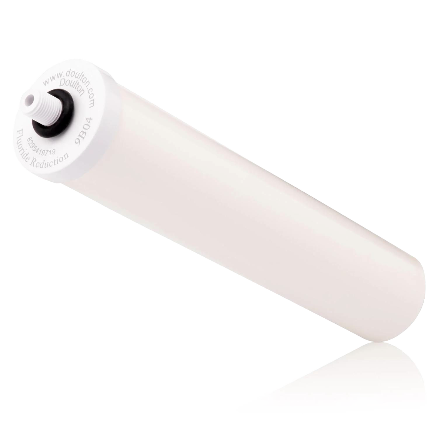 White cylindrical water filtration element designed to reduce fluoride in drinking water, compatible with Doulton DUO systems, featured in Appliances and Water Treatment collections.