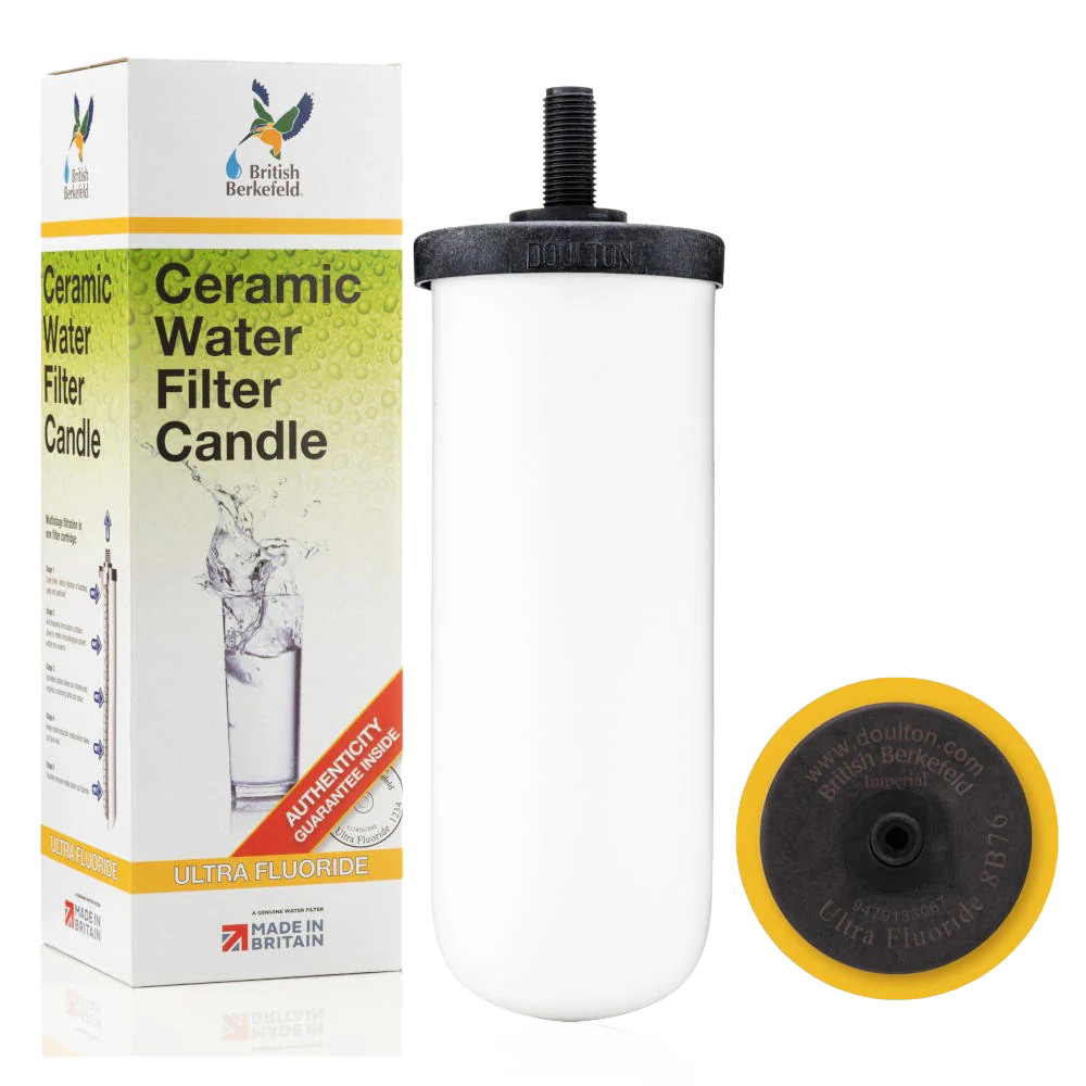 White ceramic water filter cartridge with black top and yellow base alongside its packaging box, designed for gravity water filtration in Farm, Garden & Tool and Appliances collections.