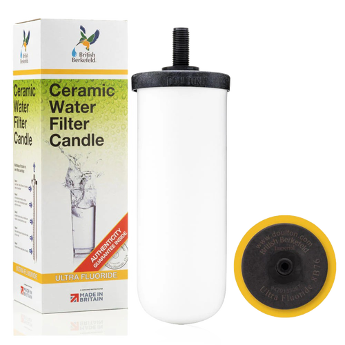 White ceramic water filter cartridge with black top and yellow base alongside its packaging box, designed for gravity water filtration in Farm, Garden & Tool and Appliances collections.