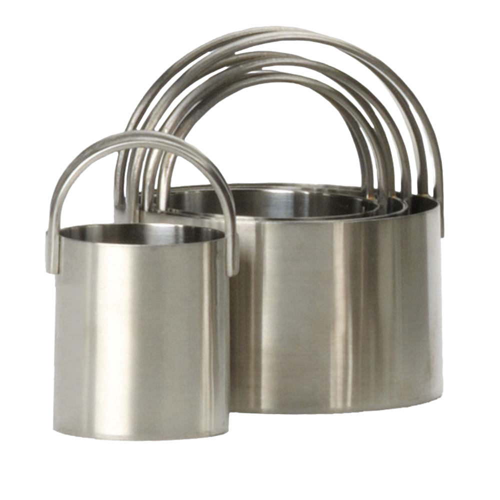 Set of four stainless steel biscuit cutters with comfortable arched handles, nesting compactly for storage, ideal for baking supplies and kitchen gadgets in cooking and baking helpers.