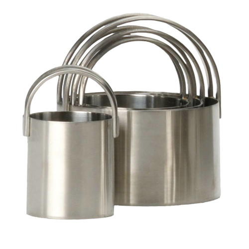 Set of four stainless steel biscuit cutters with comfortable arched handles, nesting compactly for storage, ideal for baking supplies and kitchen gadgets in cooking and baking helpers.