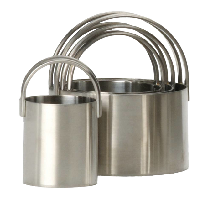 Set of four stainless steel biscuit cutters with comfortable arched handles, nesting compactly for storage, ideal for baking supplies and kitchen gadgets in cooking and baking helpers.
