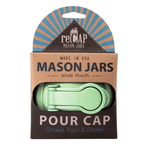 Light green wide-mouth pour lid with a flip-top spout and carry loop, made in USA from durable no-break plastic, featured in Kitchen & Food, Kitchen Gadgets, Kitchen Accessories, USA Made, Best Sellers, and Promo Eligible collections.