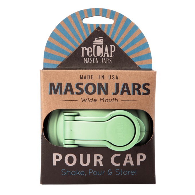 Light green wide-mouth pour lid with a flip-top spout and carry loop, made in USA from durable no-break plastic, featured in Kitchen & Food, Kitchen Gadgets, Kitchen Accessories, USA Made, Best Sellers, and Promo Eligible collections.