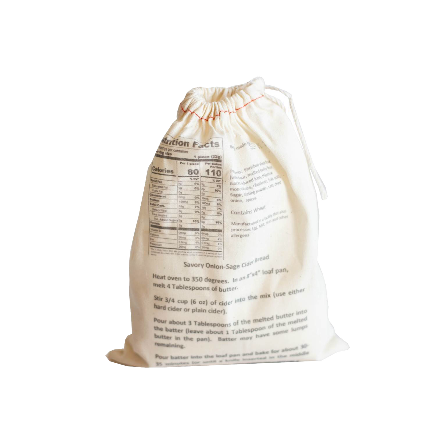 Natural fabric drawstring bag holding handcrafted savory onion-sage cider bread mix with baking instructions and nutrition facts, ideal for Kitchen & Food, Pantry, Dry Goods and Mixes, Best Sellers, Promo Eligible collections.