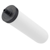 Handcrafted white ceramic water filter cartridge with black threaded top featuring granular activated carbon, compatible with British Berkefeld gravity systems, ideal for emergency supplies and farm use.