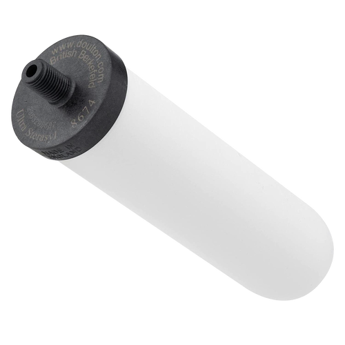 Handcrafted white ceramic water filter cartridge with black threaded top featuring granular activated carbon, compatible with British Berkefeld gravity systems, ideal for emergency supplies and farm use.