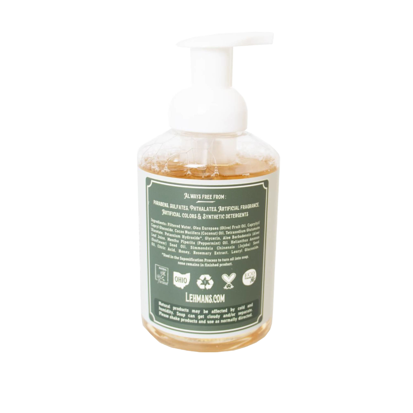Back label of Lehman's handcrafted moisturizing foaming soap showing natural ingredients and eco-friendly logos, highlighting exclusive USA-made quality in Health & Wellness and Soaps collections.