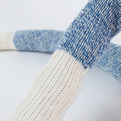 Close-up of a handmade blue and white knit arm detail from a Hand-Sewn Sock Monkey, crafted with fiberfill stuffing, featured in Toys, Books & Games, USA Made, and Children's Toys collections.