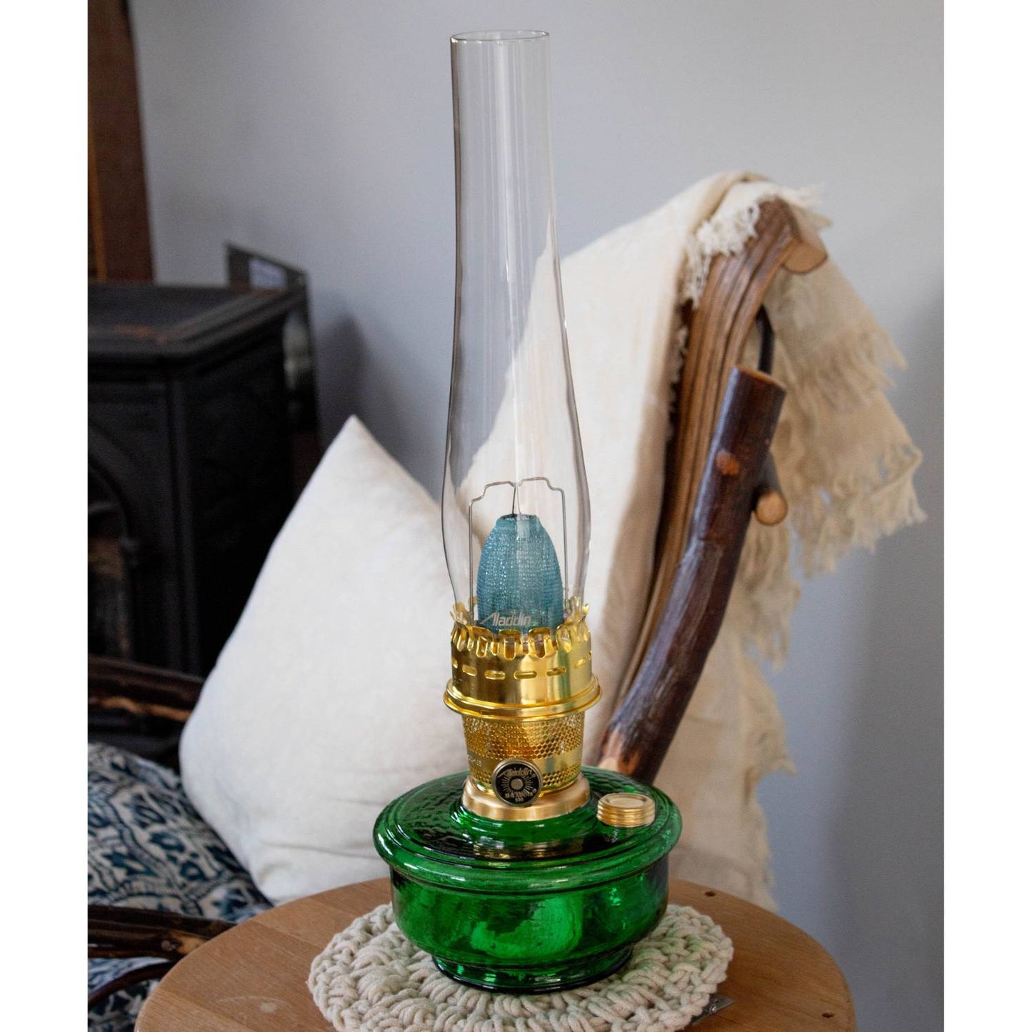 Handcrafted Aladdin Genie III Oil Lamp with a dimpled green glass bowl and polished brass burner, ideal for Farm, Garden & Tool, Lamps & Lighting, and Emergency Supplies collections.